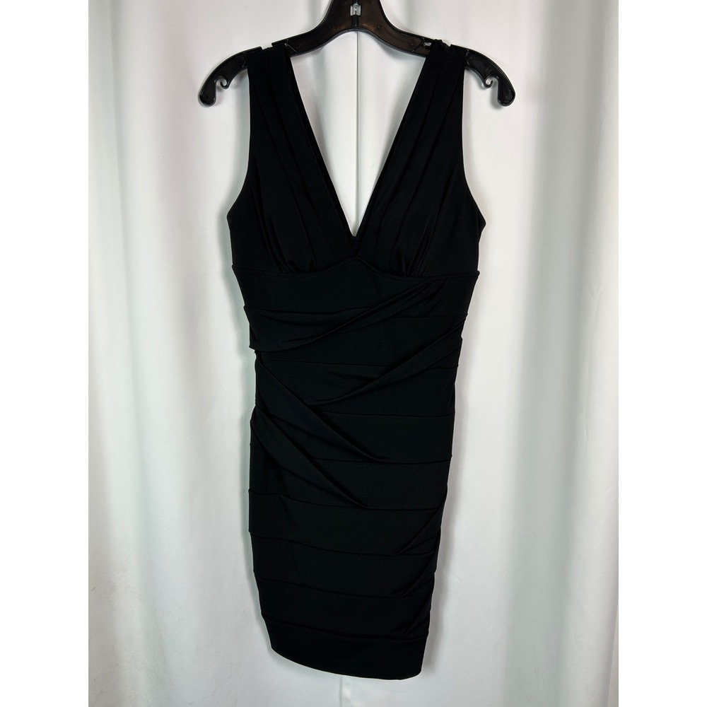 Le Chateau Black Solid Ruched Bodycon V-Neck Dress Cocktail Party Sleek Medium